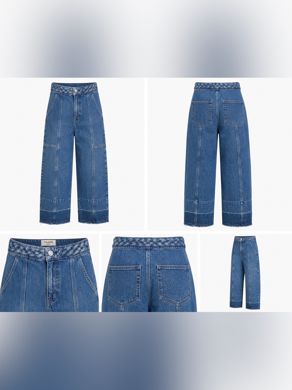 FRAME Braided Waist Barrel Leg Jeans Size 27 Blue Denim Cropped Raw Hem